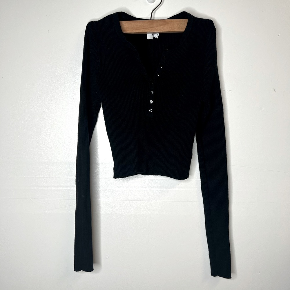 Princess Polly Henley Long Sleeve Black Top, 4
